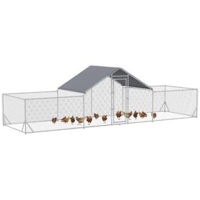 Chicken Run, 23' x 6.6' Metal Chicken Coop with Waterproof and Anti-UV Cover, Spire Roof, Door, for 12-14 Chickens, Ducks, Rabbits, Sliver (Option: SILVER)