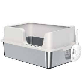 Stainless Steel Cat Litter Box with Lid with Scoop, High Sided, Non-Stick, & Anti-Urine Leakage, Easy Cleaning (Option: Light Grey)