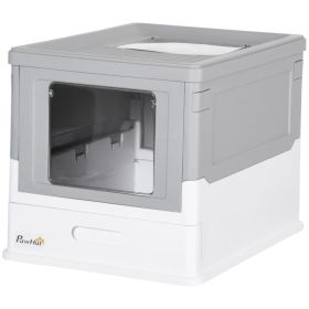 Top Entry Enclosed Kitty Litter Box with Scoop, Tray, Front Entry, Large Space, Foldable, Portable, Grey (Option: Grey)