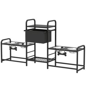 3 Height Adjustable Dog Bowl Stand with 2 Feeding Stations, Toy Bin Basket, Black (Option: Black-520x310x195 mm)
