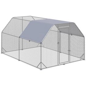 Chicken Run, Galvanized Large Metal Chicken Coop Cage, Walk-in Enclosure Poultry Hen Run House Playpen Rabbit Hutch with Flat Roof, Cover, 9.2' x (Option: SILVER)