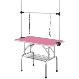 Adjustable Dog Grooming Table with 2 Safety Slings, Storage Basket, Pink (Option: Pink)