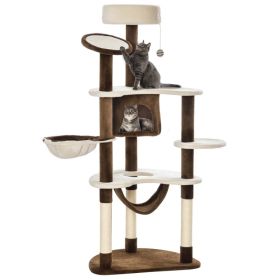60" Cat Scratching Tree, Cat Bed Condo Post House Pet Furniture Toys-Brown & Beige (Option: BROWN)