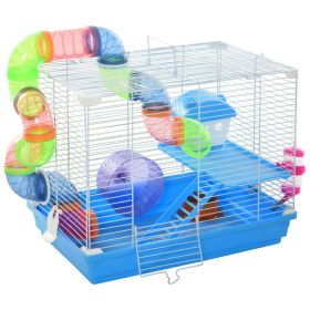 18"L Hamster Cage, Small Animal House, 2-Level Rat Gerbil Haven with Tunnel Tube System, Exercise Wheel, Water Bottle, Food Dish, Ramp, Blue (Option: Blue)